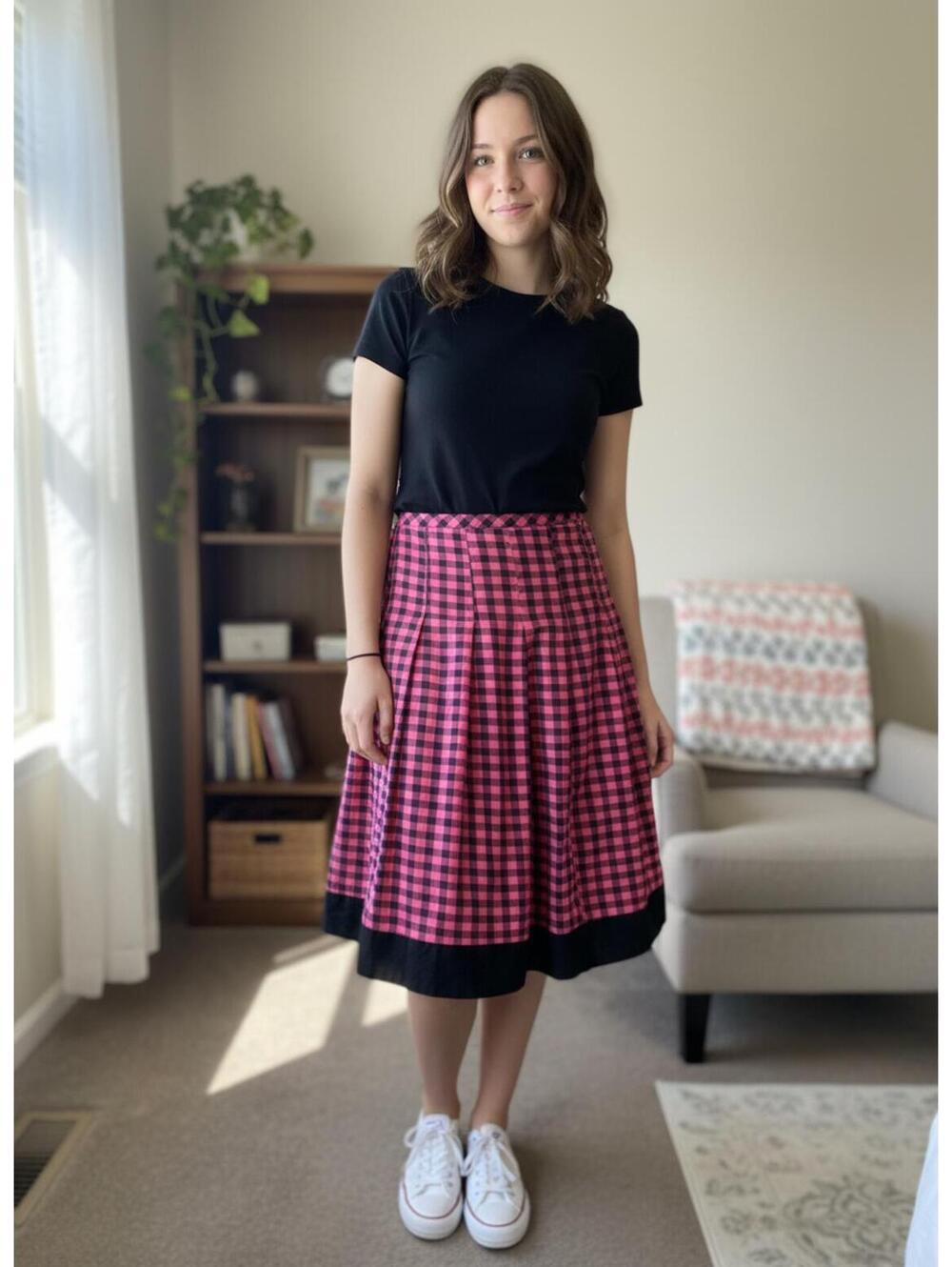 Mint Green Pink and Black Checkered Cotton Skirt Size Small